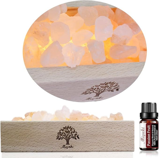 Himalayan Salt Lamp Diffuser - 300g Pink Salt with Wood Base, USB Powered, Warm Light & 10ml Passion Fruit Essential Oil Set for Aromatherapy, Relaxation, Meditation, Home Decor, Gifts