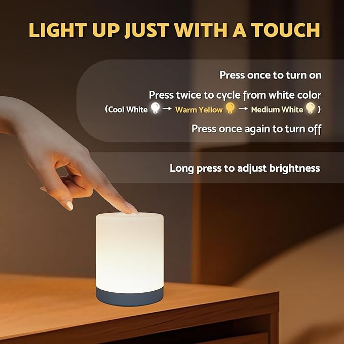 Touch Night Light for Baby Nursery, 3 Color Dimmable Night Light Battery Operated for Kids, Adult, Tap Nightlight Rechargeable, Cordless Small Lamp Portable for Bedroom, Bathroom, Nightstand, Hallway - Bloomnest