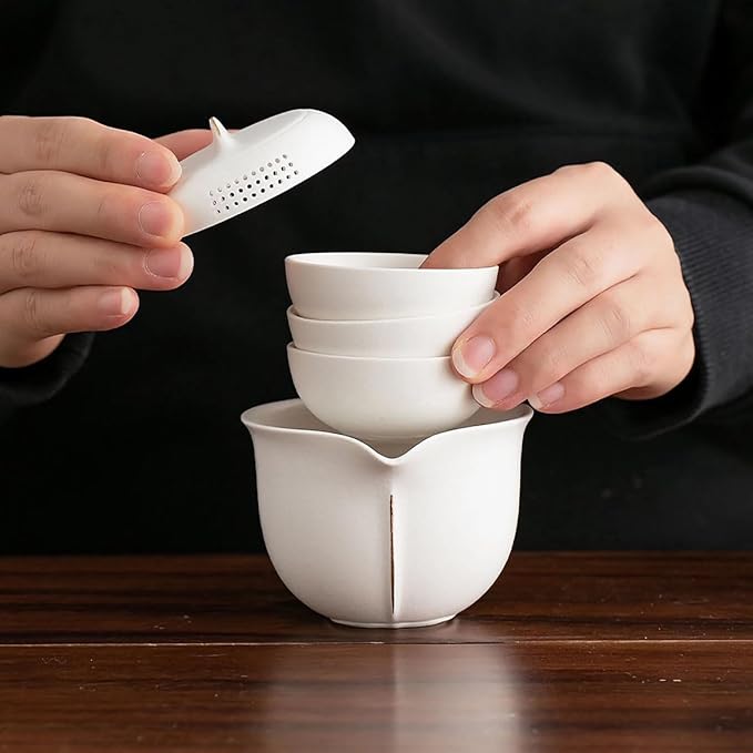 Travel Tea Set Ceramic Tea Pot Set Chinese Kung Fu Teapot Porcelain Gongfu Teacups Frosted Glazed Tea Cup, Portable Bag 1 Pot 3 Mini Cup All in One for Home Office Outdoor Picnic Camping Hotel, White - Bloomnest