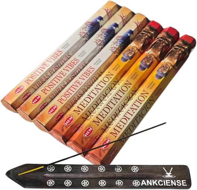 Sandalwood & Vanilla Incense from Hem Bundled with ANKCIENSE Incense Holder Bundle, Variety Pack of 120 Sticks (Positive Vibes & Meditation)
