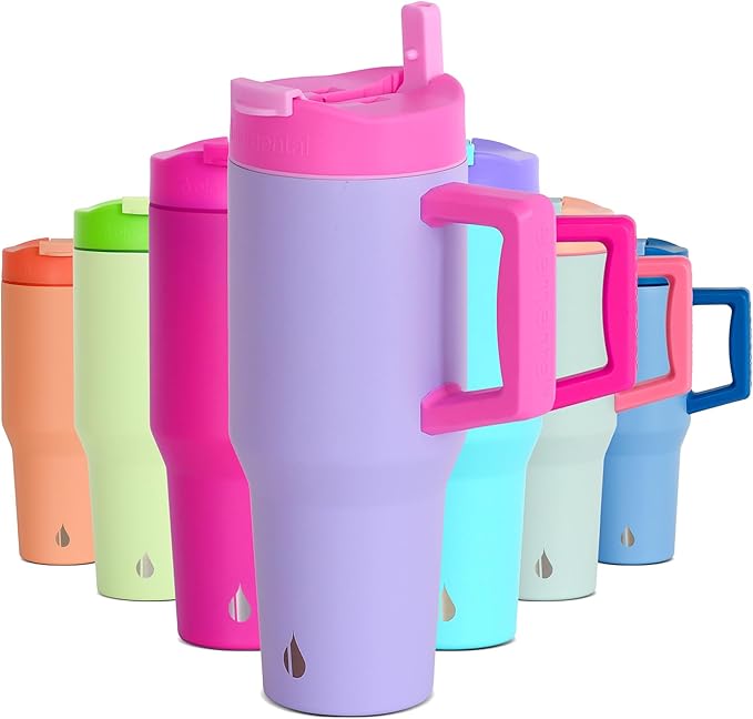 Elemental 32 oz 100% Leak Proof Tumbler with Handle & Straw - Stainless Steel Double Wall Insulated Tumbler for Hot and Cold Beverages - Travel Coffee Mug with Sip & Straw Lid - Lilac Tie Dye - Bloomnest