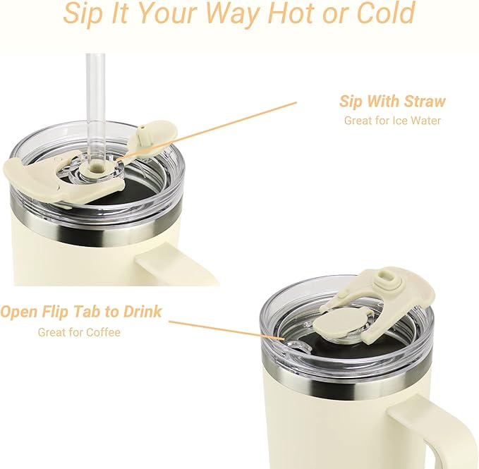 Drinco 40oz 30 oz Tumbler with Handle, Straw Lid, Insulated Stainless Steel Travel Mug Water Bottle Ice Coffee Cup For Cold and Hot, BigSur (30oz Oatmilk)