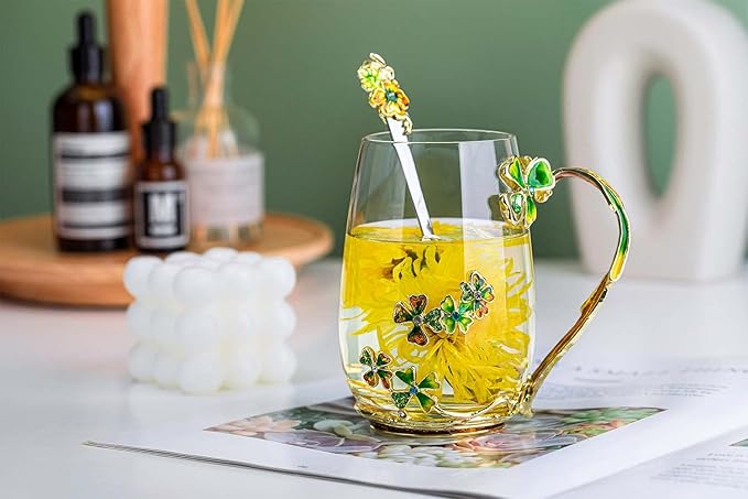 Luka Tech four-leaf clover flower Glass Coffee Mugs Tea Cup with Spoon, Unique Gifts For Women Wife Mom Friends Birthday Mothers Valentines Day Christmas (Green) - Bloomnest