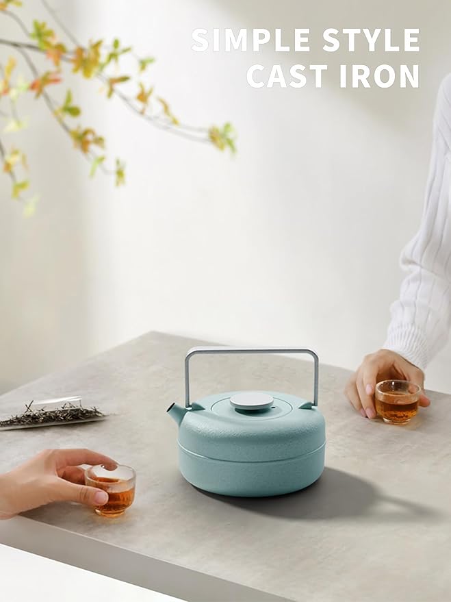 Toptier Teapot with Removable Infuser, Cast Iron Tea Kettle Stovetop Safe, Solid Geometry Cylinder Design Tea Pot Coated with Enameled Interior for 27 Ounce (800 ml), Babyblue - Bloomnest