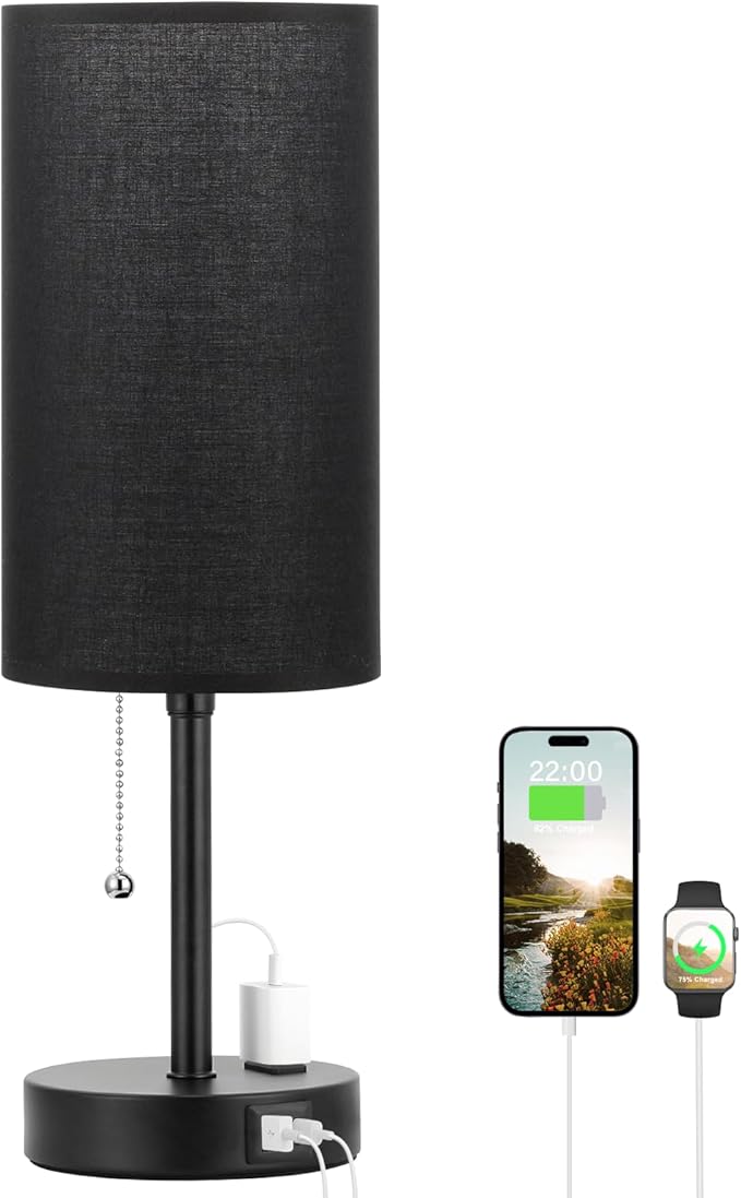 Dicoool 17Inch Tall Bedroom Lamps with USB C and A Ports 3 Color Temperatures - Pull Chain Black Nightstand Bedside Table Lamp with AC Outlet, Side Lamp for Living Room End Table - Bloomnest