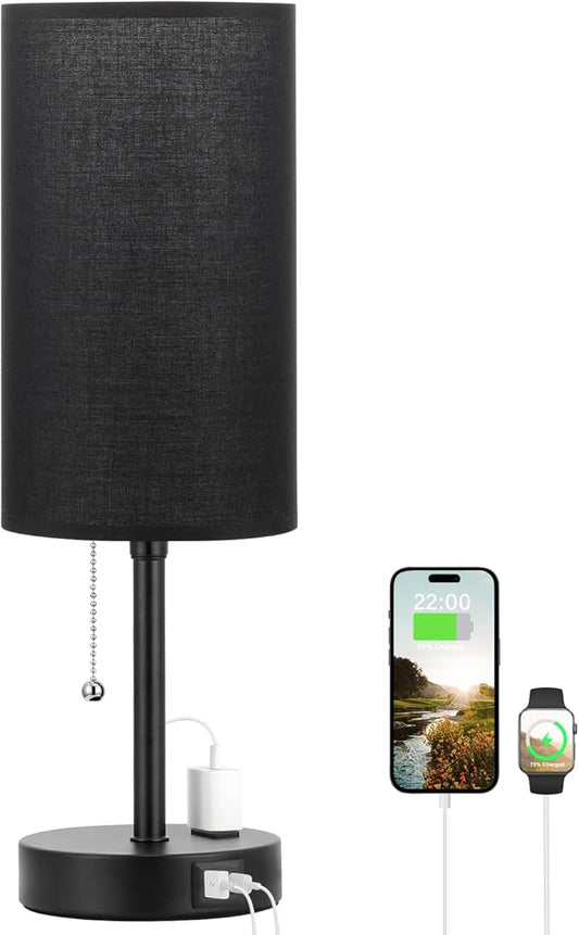 Dicoool 17Inch Tall Bedroom Lamps with USB C and A Ports 3 Color Temperatures - Pull Chain Black Nightstand Bedside Table Lamp with AC Outlet, Side Lamp for Living Room End Table - Bloomnest