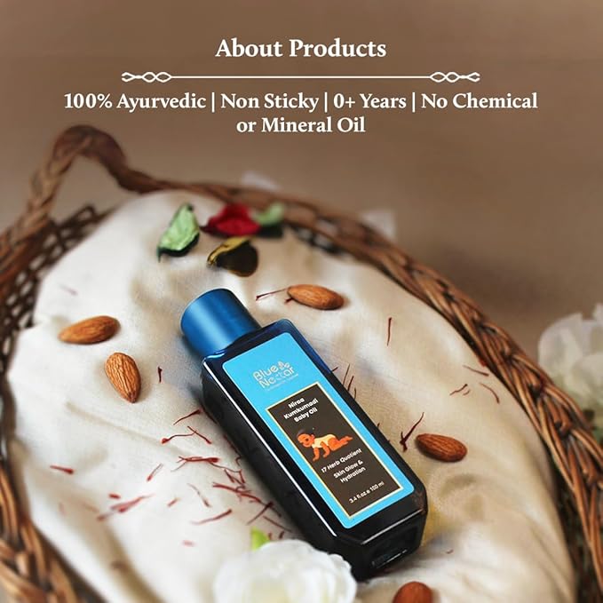 Blue Nectar Baby Oil with Pure Kumkumadi Oil for Glow & Hydration | Ayurvedic Baby Massage Oil for New Born | 100% Natural & Safe Baby Product for Delicate Skin (17 Herbs, 3.38 Fl Oz) - Bloomnest