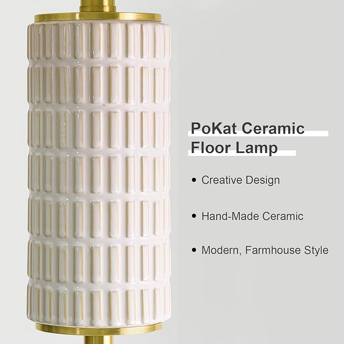 PoKat Gold Ceramic Floor Lamp for Living Room Bedroom, 64" Modern Standing Lamp with Rotary Switch, Tall Living Room Lamp Decor for Reading Corner, Home Office, Nursery - Bloomnest