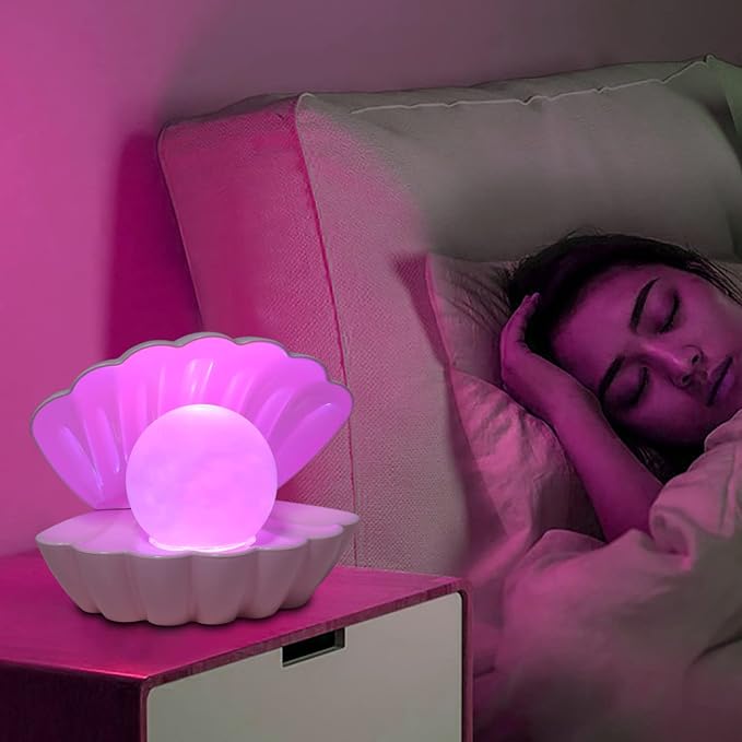 Shell Pearl Beach Themed Night Light, RGB 8 Colors Changing Mood Shell Pearl Lamps, Bedside LED Clamshell Portable Night Lights for Bar (Pink) - Bloomnest
