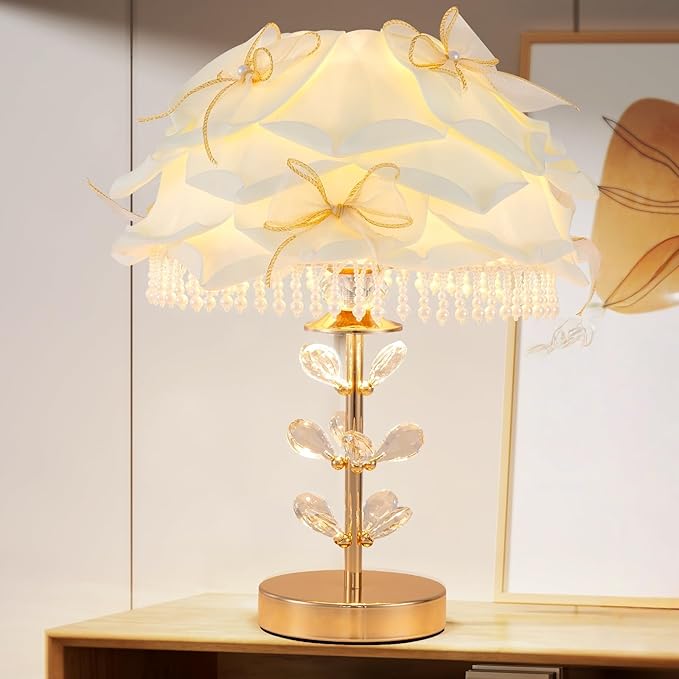 Cute White Table Lamp Girls Bedroom Modern Bow Desk Lamp Crystal Princess Bedside Light for Living Room Wedding Deco Study Room Entry Office - Bloomnest