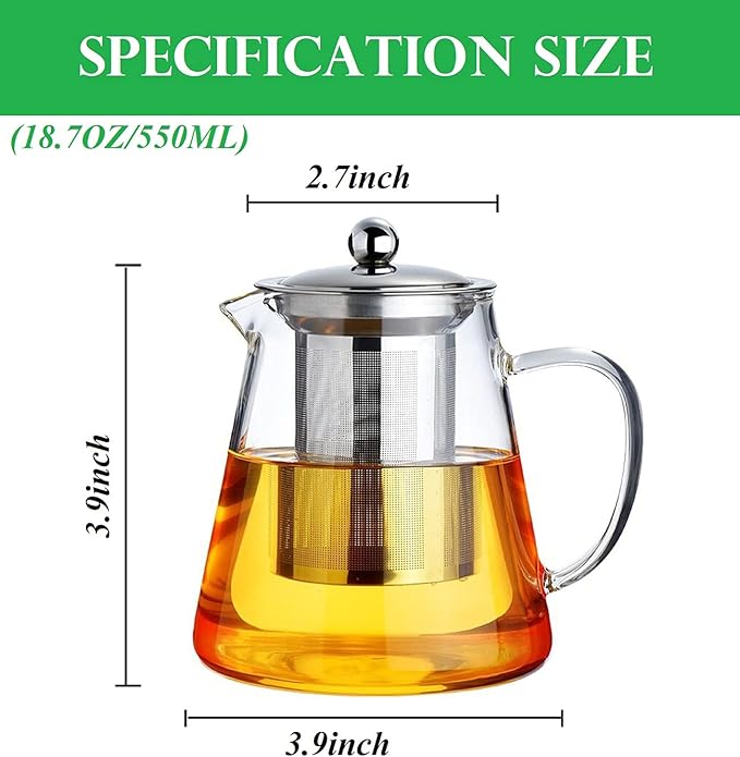 Mini Size Glass Teapot Tea Kettle-with Stainless Steel Removable Infuser for Blooming Tea & Loose Leaf Tea, Microwave & Stovetop Safe, 550ML/19.3oz (S-550) - Bloomnest