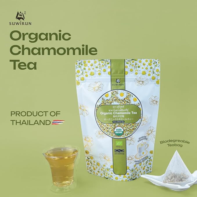 Suwirun Organic Chamomile Tea 25 Bags – 100% Chamomile Flowers – Naturally Caffeine-Free, Supports Relaxation & Sleep – Smooth & Soothing Herbal Tea - Bloomnest