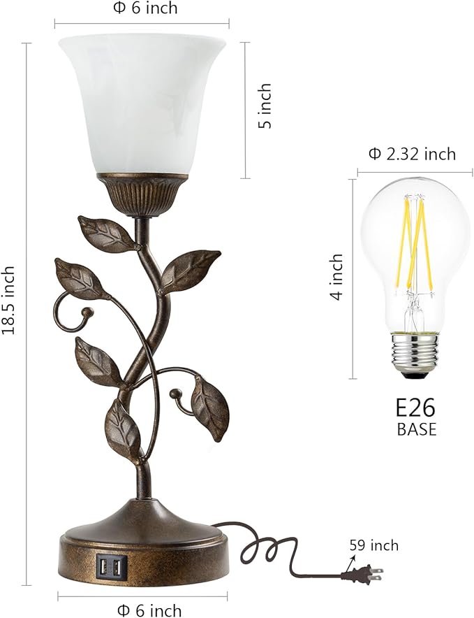 RORIANO Set of 2 Touch Farmhouse Bedroom Table Lamps, Nightstand Vintage Flower Lamps with 2 USB Ports, 3 Way Dimmable Leaf Lamp for Living Room with White Glass Shades, Bulbs Included - Bloomnest