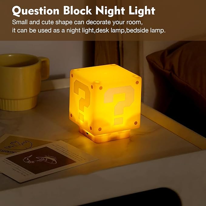 TLAOTNIY Super Bros Mini Question Block Night Lights - USB Powered Bedside Lamp with Game Sound Effects - Gift for Friends & Fans (2Pack) - Bloomnest