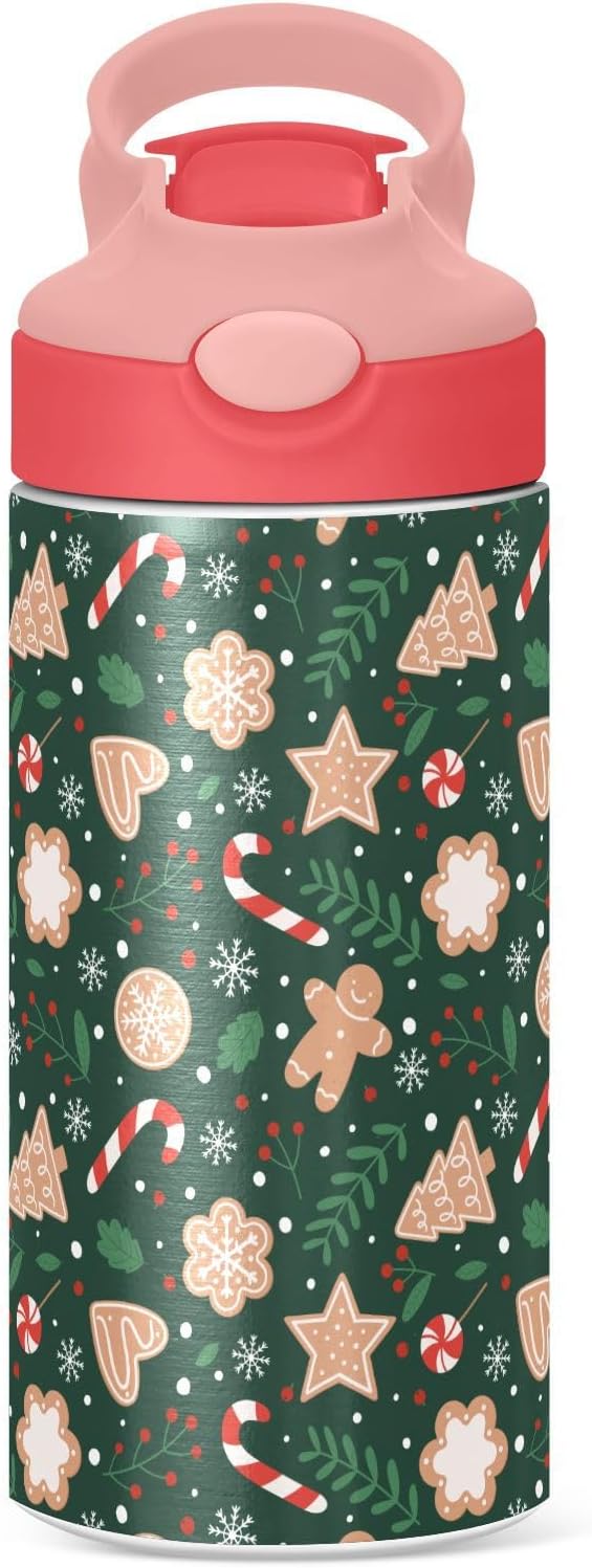 Christmas Gingerbread Snowflakes Kids Insulated Water Bottle, Toddlers Tumbler Travel Cup with Straw & Handle Stainless Steel Cup for Travel School Girls 12 oz - Bloomnest