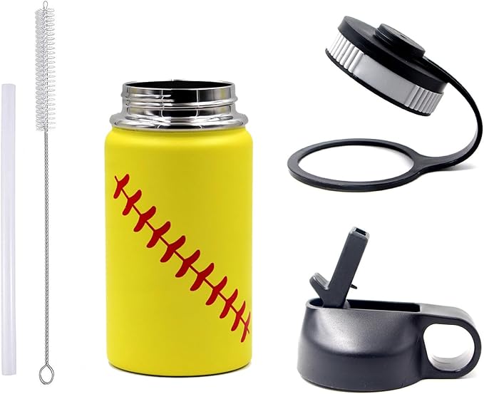12 oz Softball Water Bottle, Wide Mouth Sports Flask Metal Travel Tumbler with 2 Lids, Stainless Steel Double Wall Vacuum Insulated Leak Proof Thermo Water Bottles, Softball Stuff Gifts for Mom Girls - Bloomnest