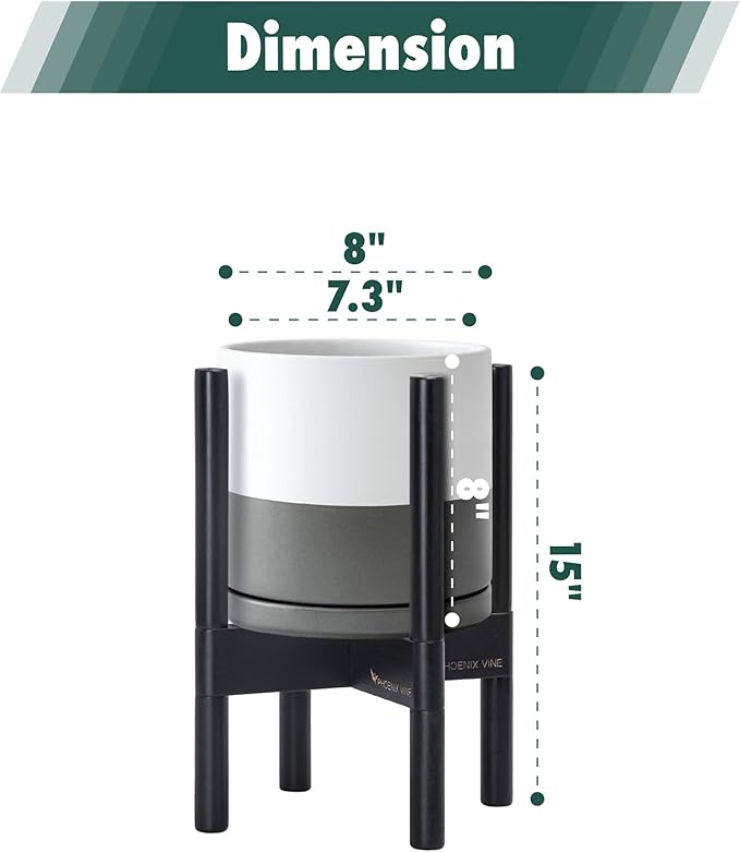 D'vine Dev Ceramic Planter with Ebony Stand - 8 Inch Modern Round Flower Pot with Wood Planter Holder, White/Grey, 55-B-M-6 - Bloomnest