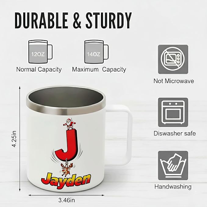 Personalized Christmas Mug with Initial & Name - Funny Santa & Reindeer Custom 12oz Insulated Stainless Steel Coffee Cup Tumbler with Handle & Lid - Unique Holiday Xmas Gifts for Kids (B151) - Bloomnest