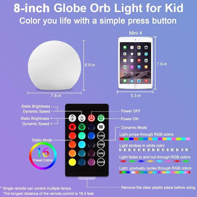 8-in LED Glowing Ball Light for Kid, 16 RGB Color Changing Globe Orb Night Light Mood Lamp w/Remote, Rechargeable Light Up Ball Dimmable Sphere Bedside Lamp, Great for Bedroom Garden Patio Party Decor - Bloomnest