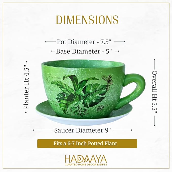 7.5" Ceramic Teacup Planter Pot with Saucer | Ideal for Succulents, Orchids, Herbs & Flowers | Indoor & Outdoor Use Green - Palm Leaves - Bloomnest