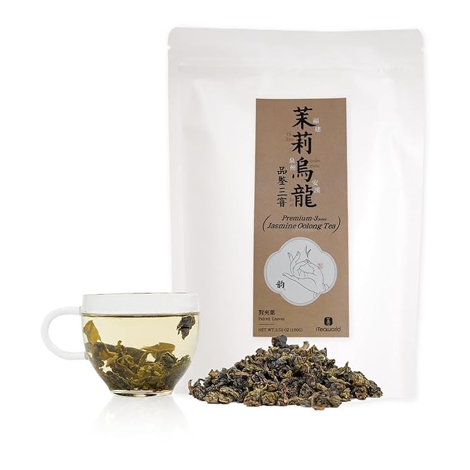 iTeaworld Jasmine Oolong Loose Leaf Tea, Fujian Anxi Tieguanyin Whole Leaf, Natural Jasmine Aroma, No Sugar & Additives, Hot & Cold Brew, Sealed Bag, 3.52oz - Bloomnest
