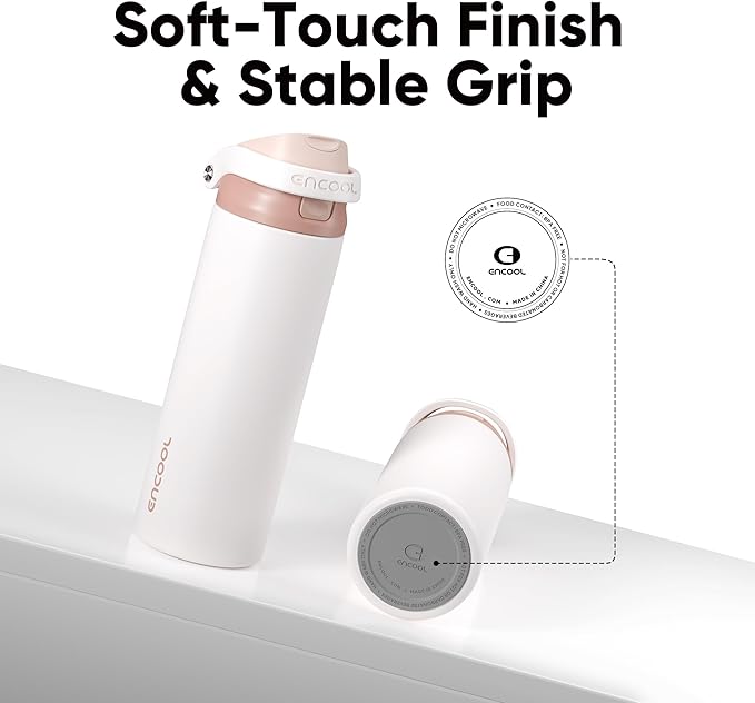 ENCOOL Leakproof Insulated Water Bottle with Straw Dual-Sip Water Bottle Bag-Safe Design for Work, Commute & Gym – Keeps Drinks Cold All Day, 24 oz, Coffee White ENCOOL