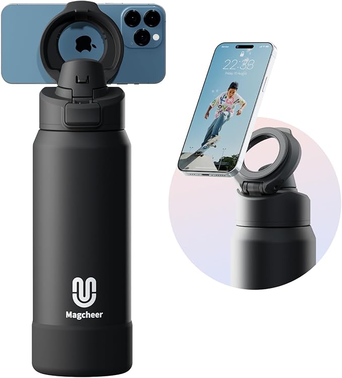Insulated Magnetic Water Bottle - Reusable Stainless Steel Bottle with MagSafe Compatible Phone Holder - Keeps Cold for 24 Hours - Perfect for Gym, Sports, and Travel - Black 32oz Magcheer