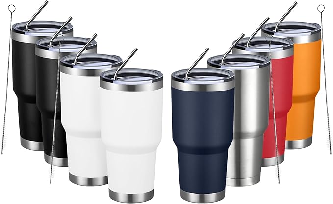 MEWAY 30oz Insulated Tumbler With Lids and Straws,Stainless Steel Double Vacuum Coffee Tumbler Cup, Brush, Durable Powder Coated Coffee Cup for Cold & Hot Drinks, Office, Travel(mixture,8 PACK) - Bloomnest