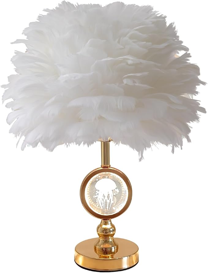Chic White Feather Lamp Decoration Fluffy Table Lamp Creative Princess Goose Feather Desk Lamp Teen Girl Wedding Bedroom Romantic Bedside Nightstanding Light - Bloomnest