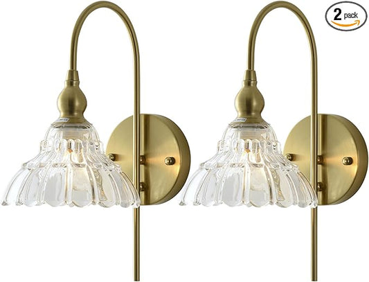Vintage Wall Sconces with Clear Flower Glass Lampshade, Indoor Bath-Room Wall Sconce, Modern Gold Industrial Lighting Fixture for Mirror Living Room Hallway 2 Pack - Bloomnest