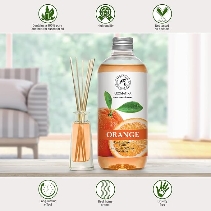 AROMATIKA Orange Reed Diffuser Refill 17 Fl Oz (500ml) - Room Fragrance Diffuser with Natural Essential Orange Oil - Best for Aromatherapy - Home - Kitchen - Office - Bloomnest