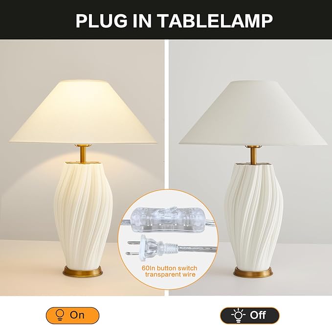 Modern Plug in Ceramic Table Lamps 24.5In, White Textured Table Lamp Tables Decorative for Living Room Bedroom Bedside Nightstand Room Office - Bloomnest