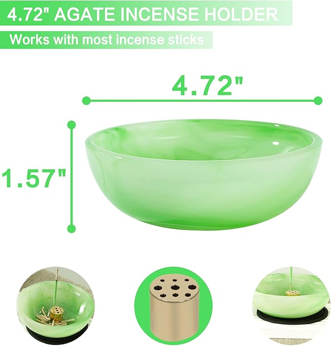 Incense Holder, Multi-Purpose Design Agate Incense Burner ash Catcher with Brass 9 Holes Incense Stick Holder for Home Decor Yoga Spa Madiation (Agate Green) - Bloomnest