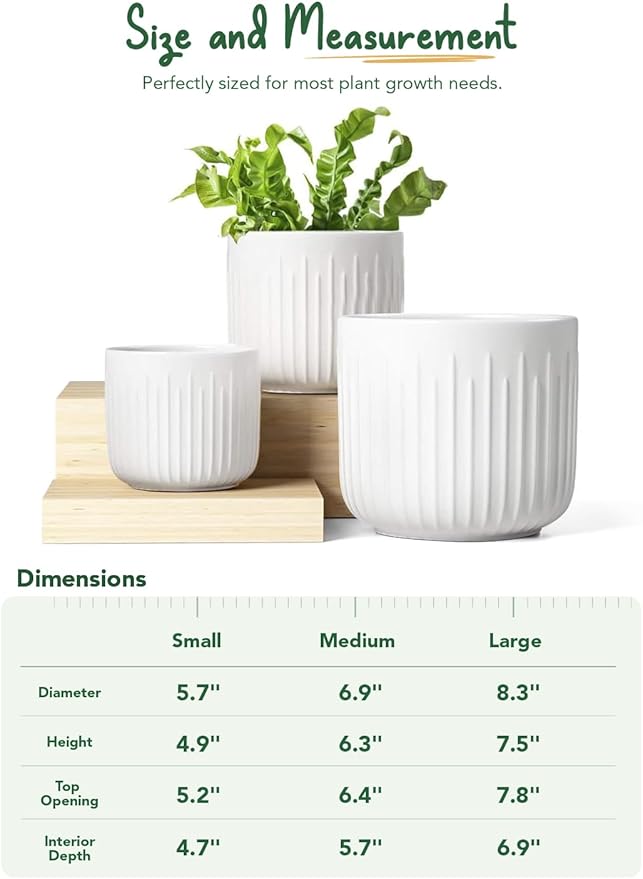 LE TAUCI Fluted Ceramic Planters Set of 3 – 8.3/7 / 5.7 in White Cylinder Indoor Plant Pots with Drainage Plug & Mesh, Matte Glazed Stoneware Flower Pots for Succulent Herb Cactus - Bloomnest