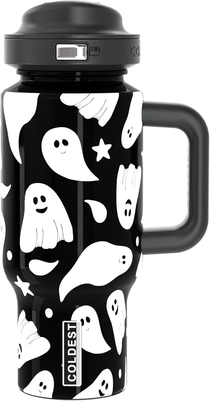 Coldest Tumbler with Handle & Coffee Lid - 100% Spill Proof Tumbler (3 Lids) - Stainless Steel Insulated Leakproof Tumblers for Women & Men - Cup Holder Friendly - 24 oz (Ghosts) - Bloomnest