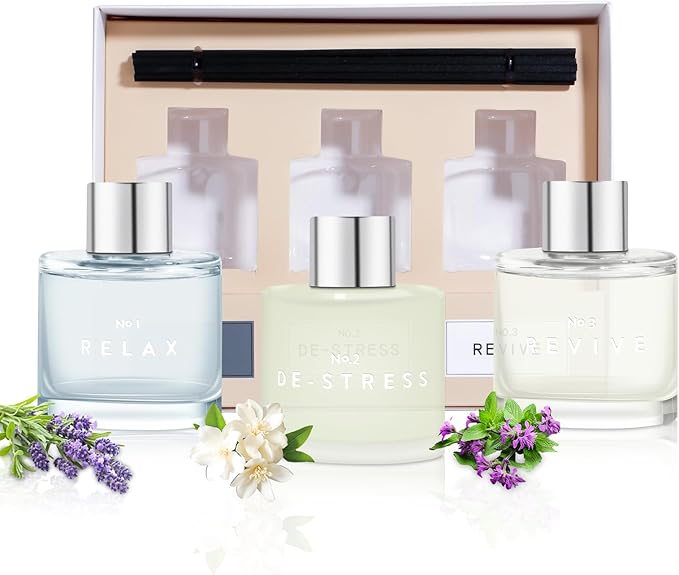 3 Pack Fragrance Reed Diffuser, 50ML Lavender Jasmine Patchouli Aromatherapy Diffuser Set with 12 Black Fiber Sticks,Air Freshener for Bedroom Bathroom Office, 8.2X 6.6X 2.1 inch - Bloomnest