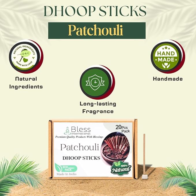 Bless-International Patchouli-100%-Natural-Incense-Bambooless-Dhoop-Sticks Handmade-Organic-Chemicals-Free for-Purification-Relaxation-Positivity-Yoga-Meditation The-Best-scents-4.5-Inches-20-Sticks BlessInternational