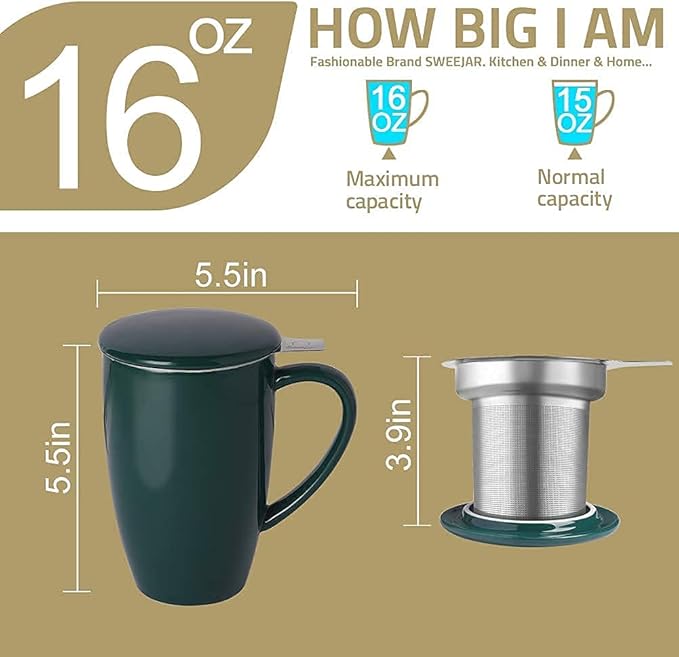 Sweejar Porcelain Tea Infuser Mug with Lid, 16 oz Teacup with Strainers for Loose Leaf Tea, Microwave and Dishwasher Safe Coffee Mug(New Jade) - Bloomnest