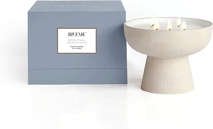 BLUEME Spiritual-Palo Santo & Vetiver, 5 Wick, Refillable Wellness Candle, Contains Essential Oil, Sustainable, Hand Finished, Hand Poured, Premium, Luxury Ceramic, Natural Cotton Wick, Soy-Wax Blend - Bloomnest
