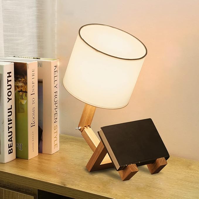 ELINKUME Robot Desk Lamp Set of 2, Creative Bedside Lamp for Bedroom,Wooden Lamp Body Adjustable,DIY E26 Living Room Table Lamps with Fabric Shade,Modern Indoor Decorative Lighting, TB-QBT005-WHM2 - Bloomnest