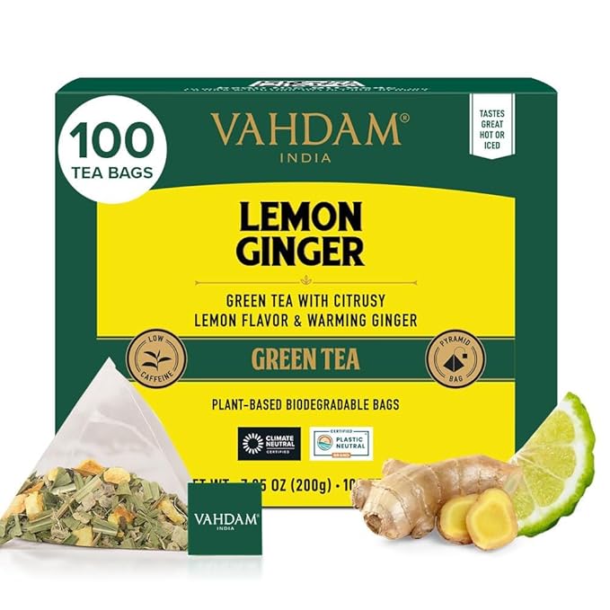 VAHDAM, Lemon Ginger Tea Bags (100 Green Tea Bags) Low Caffeine | Fruity Flavor - Zesty Lemon & Ginger, Orange Peel | Resealable Ziplock Pouch | Brew Hot or Iced Tea - Bloomnest
