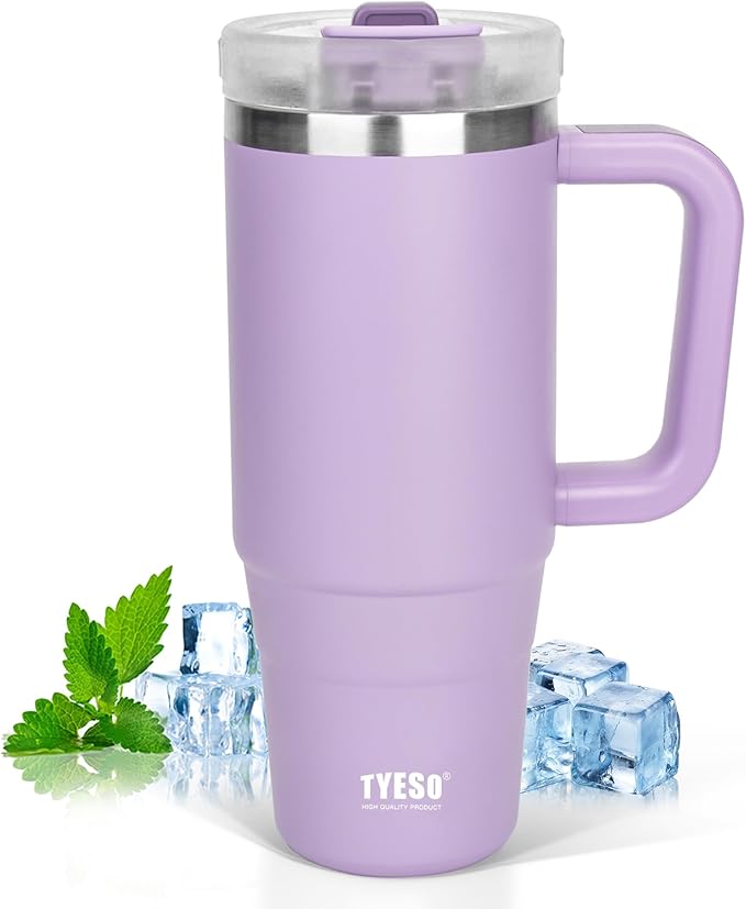 Tyeso 30 oz Tumbler with Handle, Straw and Lid - Leak Resistant Insulated Stainless Steel Water Bottle, Car Cup Holder Friendly Travel Coffee Mug Purple - Gifts for Men & Women - Bloomnest