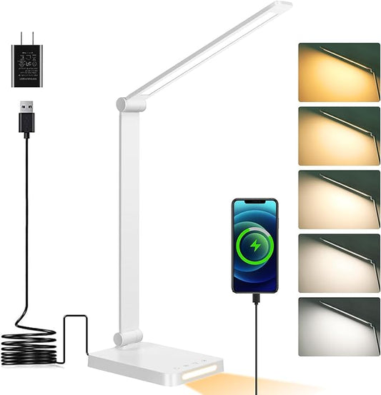 Dott Arts LED Desk Lamp with USB Ports, Touch Control, 5 Color Modes, 3 Brightness Levels, Foldable Design, White - Bloomnest