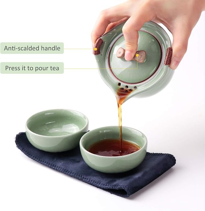 Travel Ceramic Tea Pot Set, Chinese Kung Fu Teapot 1 Pot 2 Mini Cup Porcelain Gongfu Teacups with Infuser Portable Bag All in One for Picnic Outdoor Camping Hotel