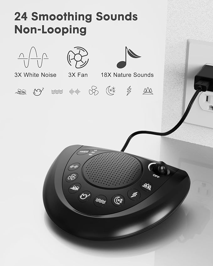 White Noise Machine, Portable Sleep Sound Machine with 24 Soothing Sounds, Timer & Memory Function, Headphone Jack, USB Charging, Powered by AC or Battery for Baby, Kids, Adults, Travel