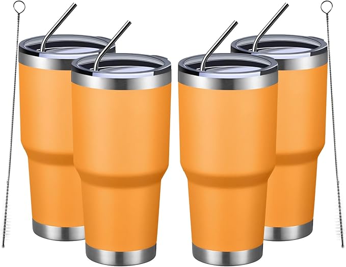 MEWAY 30oz Insulated Tumbler With Lids and Straws,Stainless Steel Double Vacuum Coffee Tumbler Cup, Brush, Durable Powder Coated Coffee Cup for Cold & Hot Drinks, Office, Travel(Orange,4 PACK) - Bloomnest