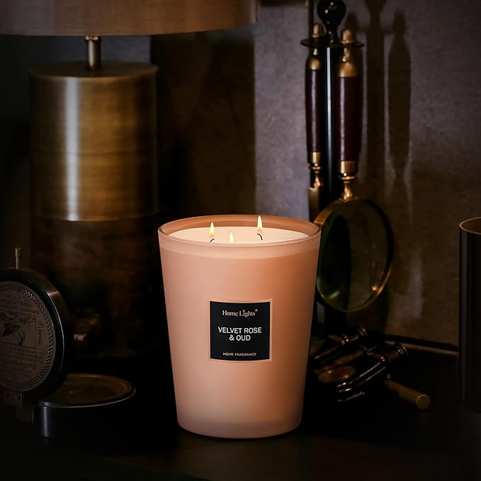 HomeLights Scented Candles | Large Jar Candle-33.3 Oz. Natural Soy Aromatherapy Candles | Up to 130 Hours Burn Time with 3 Cotton Wicks, Home Decorative Fragrance Candles Gift - Velvet Rose Oud - Bloomnest