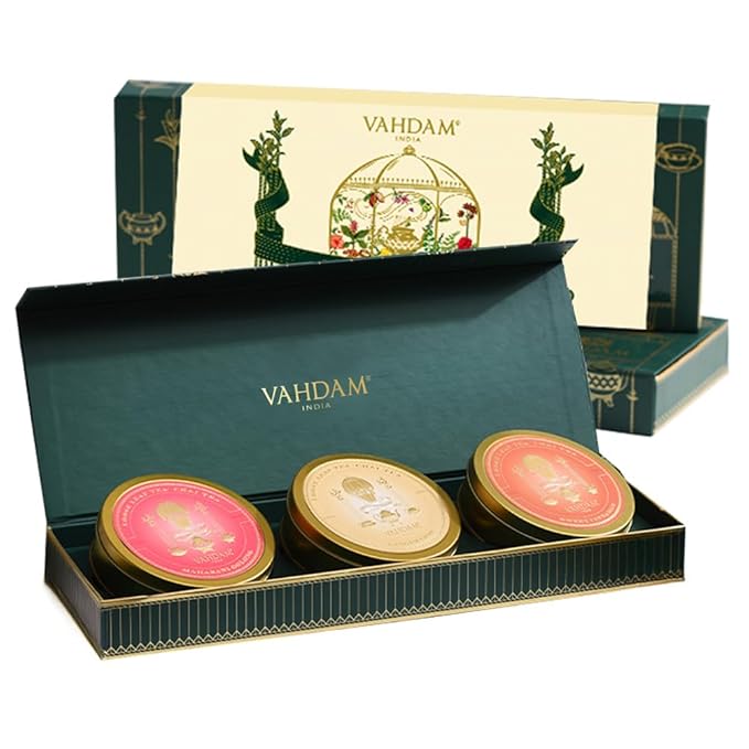VAHDAM, Oprah's Favorite Tea Gift Sets | 3 Premium Chai Teas in Golden Tin Caddy Gift Box | Exotic Chai Tea Blends | Gluten Free, Non GMO | Gifts for Men And Women - Bloomnest
