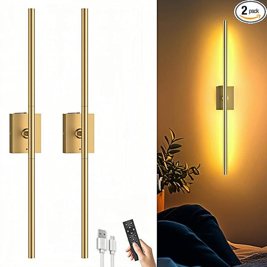 Battery Operated Wall Sconces Set of Two: Dimmable Wireless Wall Lights with Remote, 31.5inch LED Rechargeable Sconces, 360° Lighting Wall Scone Decor for TV, Mirror, Bedroom, Living Room(Gold) - Bloomnest