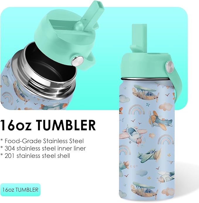 Airplane Gifts - 16oz Kids Blue Airplane Water Bottle with Straw Lid, Stainless Steel Insulated Tumbler, Leakproof, BPA-Free, for Boys, School, Travel - Helicopter Pilot Lovers Birthday Gift Cup (1pc) - Bloomnest